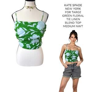 KATE SPADE NY FOR TARGET GREEN‎ FLORAL RUCHED TIE LINEN BLEND TOP MEDIUM NWT.